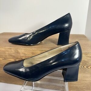 Worthington Block Heel Square Toe SZ 7.5 Navy Leather Career Pumps Classic VTG